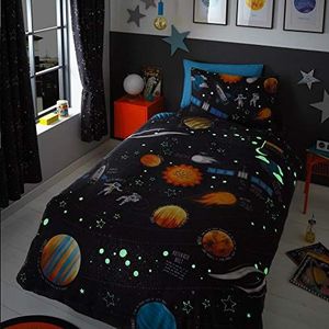Happy Linen Company Jongens meisjes kinderen planeten ruimte raketten glow in the dark marineblauw tweepersoons dekbedovertrek beddengoed set
