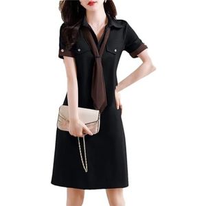 Zomerjurken voor dames, revers dameskleding, patchwork, rechte midi-jurk met korte mouwen, Zwart, XL