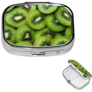 Pillendoosje met spiegel, retro pillendoos met 2 compartimenten, plakjes verse rijpe groene kiwi, kleine pillenorganizer voor portemonnee of zak, decoratieve metalen medicijnen, vitamine-organizer