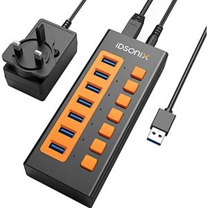 iDsonix USB 3.0 hub voeding, 7-poorts 12 V/2 A BC1.2 (5 V2,4 A) USB-verdeler van aluminiumlegering, snel opladen, 5 Gbit/s, met enkele schakelaar voor laptops, pc en andere