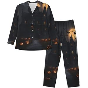 vvhmghda Heren knoop Halloween gothic print pyjama set zachte lange mouwen met zakken, casual loungewear., Zwart, S