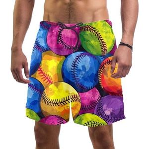 PAFEFO Nieuwigheid boardshorts voor heren, strandvakantie, feest, sneldrogende badpakken met kunst veelkleurig softball-ontwerpen, Kunst Multicolor Softballen, M