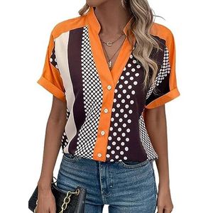 dames topjes Polka Dot Print Colorblock blouse met vleermuismouwen (Color : Orange, Size : Small)