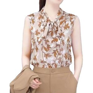 Dvbfufv Vrouwen Elegante Losse V-hals Gedrukt Lace Up Chiffon Blouses Vrouwen Zomer Casual Trui Mouwloos Shirt, Kaki, M