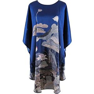 Ledamon Women's 100% Silk Short Robe Bathrobe Nightgown Pajama Sleepwear -Classic Batwing Sleeved (Navy)