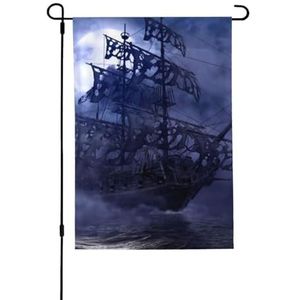 LAMAME Piraat zeilboot volle maan gedrukt tuin vlag patio decoratieve vlag dubbelzijdige tuin vlag