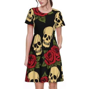 Zomerjurken voor dames, roze en schedel, 3D-print, ronde hals, casual T-shirt, korte mouwen, losse strandjurk met zakken, 3 D, S