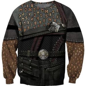 3D Novelny Viking Armor Pullover - Noorse Mythologie Heren Casual Punk Street Zip Jacket - Middeleeuwse Keltische Pagan Losse Harajuku Lange Mouw Losse Capuchon(Color:B Round Neck,Size:S)