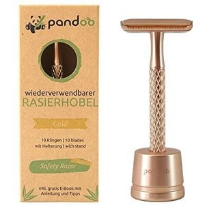 pandoo Scheermes incl. houder - metaal - Zero-Waste scheermes - plasticvrij - veiligheidsscheermes - Veiligheid nat scheerapparaat - mannen en vrouwen (goud)