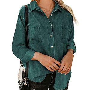 Sawmew Dames Denim Shirt Blouse Lange Mouwen Effen Knoopsluiting Losse Fit Denim Shirt Top Dames Dagelijkse Mode Trendy Denim Blouse (Color : Dark green, Size : XL)