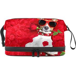 Grote capaciteit reizen cosmetische tas,Hond met glazen rode rozen bloem,Make-up tas,Waterdichte make-up tas organisator, Meerkleurig, 27x15x14 cm/10.6x5.9x5.5 in
