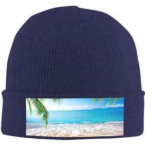 ESASAM Ocean Sea Beach Palm Bladeren Gebreide Muts - Acryl Gebreide Beanie met Geribbelde Textuur - Gezellige Winter Hoofddeksels Gebreide Hoed Warme Cap Geïsoleerde Hoed Outdoor Hoofddeksels Slouchy