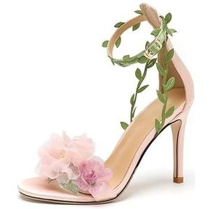 EkOkim Chiffon bloem dromerige hoge hakken een woord rotan strappy sandalen vrouwen, Roze hak hoogte 8cm, 37.5 EU