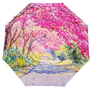AJINGA Schilderij Roze Wilde Himalaya Kersen Bloem Vouwen Paraplu Zonneblok Winddicht Regen Automatische Open Sluiten Reizen Anti-UV Paraplu's, Meerkleurig1, onesize