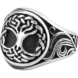 Viking Tree of Life Ring - Noorse Mythologie Heren RVS Yggdrasil Ring - Handgemaakte Gepolijste Hip Hop Biker Ring Mode Sieraden Kerstcadeau (Color : Silver, Size : 07)