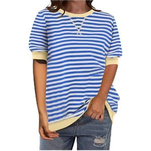 2024 Gestreept Shirt Dames Colorblocked Oversized Gestreepte Korte Mouw Gedrukt Ronde Hals T-shirt Eenvoudige Losse Trui Korte Mouw T-shirt (Color : Striped Blue, Size : L)