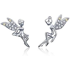 CZ Fairy Stud Oorbellen voor Vrouwen Meisjes S925 Sterling Zilver 18K Witgoud Plated Asymmtrische Tweekleurige Zirconia Kristal Tinkerbell Hoek Vleugels Kleine Stud Hypoallergene Sieraden Gift voor