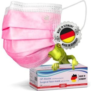kela, 50 stuks OP-maskers roze, 100% Made in Germany, medisch mond-neusmasker, chirurgische wegwerpmasker, Medische proceduremaskers, CE-gecertificeerd, DIN EN 14683 type IIR, BFE 99,88%, 3-laags,