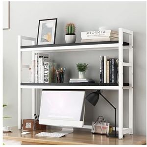 Boekenplank Boekenkast Boekenrek 2-laags Desktop-boekenplank, Stalen Frame En Houten Desktop-opbergrek, Kleine Kantoorboekenplanken Op Aanrecht Boekenplanken Boekenkasten (Color : White+black, Size