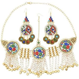 Vintage etnische lange kettingen klokken hoofdtooi munt oorbellen kleurrijke acryl kralen zendspoel Gypsy Tribal Afghaanse jurk sieraden set (Color : B gold jewelry set)