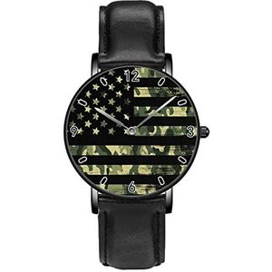 Amerikaanse Vlag Met Camouflage Grunge Klassieke Patroon Horloges Persoonlijkheid Business Casual Horloges Mannen Vrouwen Quartz Analoge Horloges, Zwart