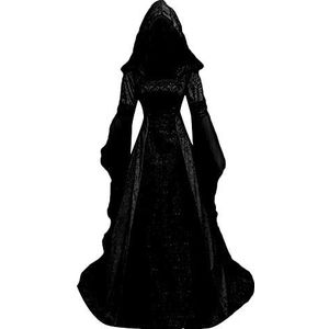 WOZOW Middeleeuwse jurk met capuchon kostuum Halloween dames lange mouwen kostuum volwassenen cosplay vampier heks koningin Allerheiligen carnaval drama party (zwart, 5XL)