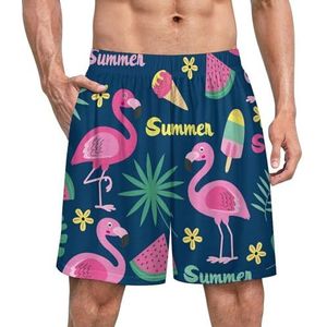 Tropisch blad flamingo-ijs grappige pyjama shorts voor mannen pyjamabroek heren nachtkleding met zakken zacht