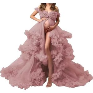 Tule gewaad zwangerschapsjurken voor fotoshoot lange bruiloft bruids zwangere kamerjassen grote maat, Stoffige Roos, 32