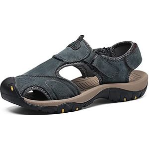 Heren echt leer gesloten teen sandalen, casual handgemaakte wandelsandalen, mode holle backpacken strandschoenen, Grijs, 46 EU