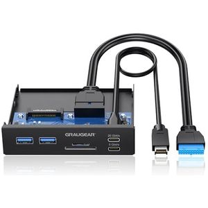 GRAUGEAR 6-interfaces frontpaneel in 3,5 inch, USB 3.2 Gen2 x 2 type C tot 20 Gbit/s, 2 x USB-A+USB-C, SD+microSD-kaartlezer, sleutelA 20-pin & 19-pins header, metaal