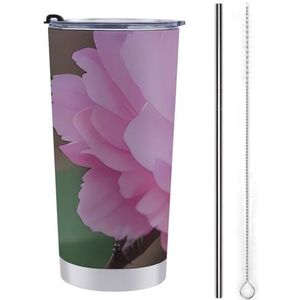 AQRJLPM Amandelbloesem autobeker van roestvrij staal, beker van 20 oz met rietje en deksels, lekvrij, geïsoleerde roestvrijstalen reisbeker, geschikt voor koude warme dranken op de camping
