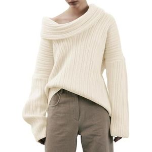 Dames Off The Shoulder Sweater Top Oversized Fall Batwing Boothals Gebreide Sexy Casual Pullover(White,S)