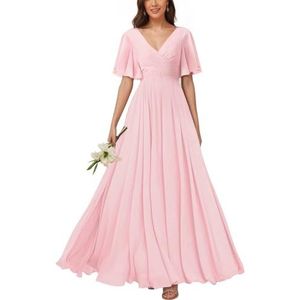 KURFACE Bruidsmeisjesjurken met V-hals en mouwen voor dames, geplooid, chiffon, bruidsmeisje, vloerlengte, formele feestjurk, Blush Roze, 32