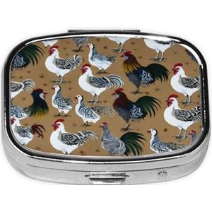 Stijlvolle vierkante pillenkoker haan en kip metalen pillendoos 2 compartimenten medicijnpillenhouder draagbare pillenorganizer doseerdoos, kleine pillendoos voor reizen voor portemonnee en zak
