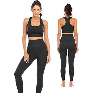 Workout Sets voor Vrouwen 2 Stuk Hoge Taille Naadloze Leggings Met Gewatteerde Sport BH Sets Yoga Outfit Jogging Gym Kleding, Zwarte Crop Top, L