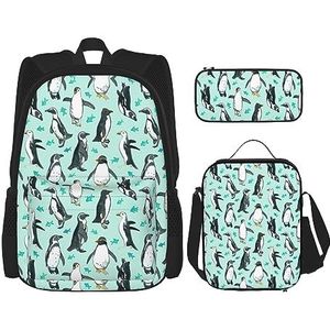 TyEdee School Bag Set: Rugzak met Lunchbox, Pencil Case - Stijlvolle Duurzame School Rugzak Set -Engeland Symbolen, Schattige pinguïns, Eén maat, Schooltas Set