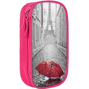Eiffeltoren Parijs straat rode paraplu etui, middelgrote pennen/potloodhouder zakje tas met dubbele ritsen voor werk, schattig, roze, Eén maat, Koffer