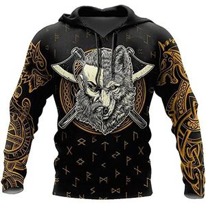 Noorse Wolf Axe Tattoo Pullover Met Rits,Heren Viking Rune Bear Head All Over Printed Hoodie,3D Digitale Print Casual Unisex Lange Mouwen Tops Sweatshirt S-5XL