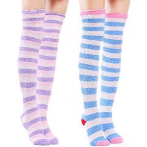 LittleForBig schattig koraal fleece dij hoge lange gestreepte sokken 2 paar