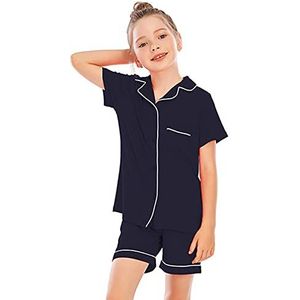 Kinderen Unisex Meisjes Jongens Pyjama Korte Mouw Effen Kleur Button-Down Nachtkleding 2 Stuks Pjs Set