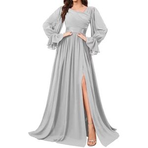 HPPEE Bruidsmeisjesjurken met lange mouwen en split geplooide chiffon formele avondjurk feestjurk, Zilver, 32
