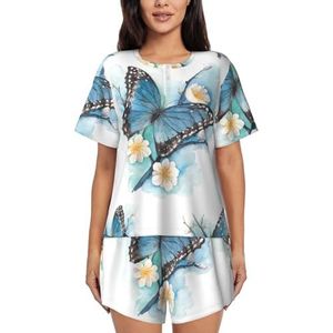 JIAWUJYNB Blauwe vlinder op bloesem bloemenprint dames pyjama met korte mouwen - comfortabele korte sets, mouwen nachtkleding met zakken, Zwart, S