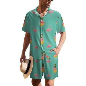 Kleurrijke Roze Flamingo En Ananas Heren Hawaiiaanse Pak Set 2-delige Beach Outfit Korte Mouw Shirt En Shorts Bijpassende Set