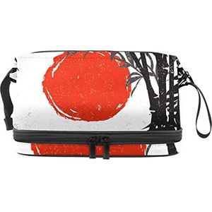 Multifunctionele opslag reizen cosmetische tas met handvat,Bamboe silhouet met rode zon,Grote capaciteit reizen cosmetische tas, Meerkleurig, 27x15x14 cm/10.6x5.9x5.5 in