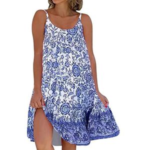 CWXKGL Dames zomerjurk, casual losse mouwloze O-hals strandjurk met spaghettibandjes, maxi-jurk met boho vintage print(Color:Blue,Size:M)