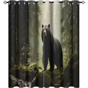 AEMYSKA Rustieke zwarte beer verduisterende gordijnen voor woonkamer moderne mistige bos natuur dier raambehandeling thermisch geïsoleerde gordijnen voor slaapkamer 106 x 111 cm print doorvoertule