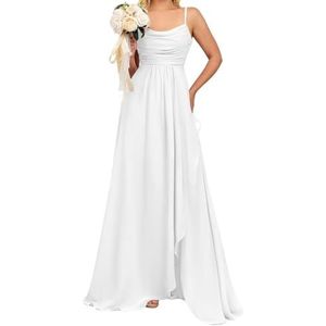 Prinses Bruidsmeisjes Jurken Spaghetti Bandjes Galajurken Chiffon Formele Avondfeest Maxi Jurk met Split ZM192, Wit, 32