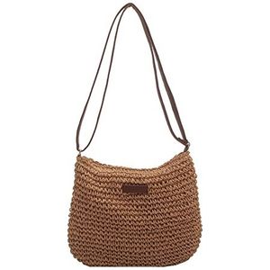 HIMS Rieten handtas voor dames, rieten tas, zomer strandtas, stro maat met ritssluiting, handgemaakte strotas met lederen schouderriem, geweven schoudertas, strand, reizen, winkelen, Kaki