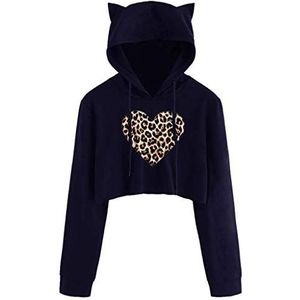 KaloryWee Cat Ear Cropped Hoodies voor dames, lange mouw trekkoord casual trui in zwart met bedrukte dames sweatshirts, Blauw-luipaard Print, XL