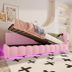 Dagbed, 90 x 200 cm dagbed, slaapbank, bed met lattenbodem (zonder matras), met led-lichtstrip, met hydraulisch hefmechanisme, USB-aansluiting, type-C, comfortabel materiaal, imitatievlies, roze
